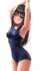 Rule 34 | 1girl, arms up, black hair, blue one-piece swimsuit, breasts, brown eyes, competition school swimsuit, cowboy shot, hair ornament, highres, long hair, looking at viewer, medium breasts, navel, one-piece swimsuit, original, school swimsuit, simple background, solo, standing, swimsuit, white background, x hair ornament, yukemuriganmo