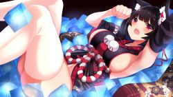 Rule 34 | 1girl, absurdres, animal ear fluff, animal ears, armpits, azur lane, black hair, black kimono, blunt bangs, blush, breasts, cat ears, commentary request, detached sleeves, fang, highres, huge filesize, japanese clothes, kimono, large breasts, long hair, long sleeves, looking at viewer, lying, mask, mask on head, on back, open mouth, paw pose, red eyes, short hair, short kimono, sideboob, smile, solo, thighhighs, thighs, white thighhighs, wide sleeves, yamaha tsui, yamashiro (azur lane)