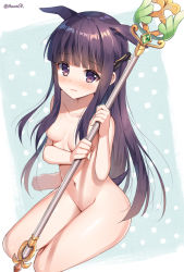 Rule 34 | 1girl, animal ears, barefoot, black bow, blunt bangs, blush, bow, breasts, closed mouth, collarbone, commentary request, completely nude, groin, hair bow, hair censor, hair over breasts, holding, holding staff, kasumi (princess connect!), long hair, looking at viewer, mauve, medium breasts, navel, nose blush, nude, princess connect!, purple eyes, purple hair, sitting, solo, staff, tears, twitter username, very long hair, wavy mouth, yokozuwari