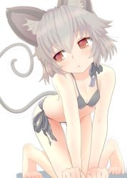 Rule 34 | 1girl, animal ears, barefoot, bikini, black bikini, breasts, cleavage, expressionless, grey hair, ishikkoro, mouse ears, mouse tail, nazrin, red eyes, short hair, side-tie bikini bottom, simple background, small breasts, solo, swimsuit, tail, thigh gap, touhou, white background
