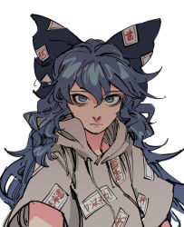 Rule 34 | 1girl, bags under eyes, blue bow, blue hair, bow, closed mouth, grey hoodie, hair between eyes, hair bow, hood, hood down, hoodie, long hair, looking at viewer, ofuda, ofuda on clothes, ruukii drift, short sleeves, simple background, solo, touhou, upper body, white background, yorigami shion