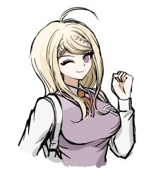 Rule 34 | 1girl, ;), ahoge, akamatsu kaede, beamed eighth notes, blonde hair, breasts, danganronpa (series), danganronpa v3: killing harmony, eighth note, hair ornament, highres, long hair, long sleeves, looking at viewer, musical note, musical note hair ornament, necktie, no (xpxz7347), one eye closed, purple eyes, shirt, simple background, smile, solo, sweater vest, upper body, white background, white shirt