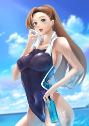 Rule 34 | 1girl, absurdres, alternate costume, aqua eyes, blue sky, blurry, blurry background, bottle, breasts, brown hair, cloud, commentary request, competition swimsuit, covered navel, cowboy shot, day, female focus, hair ribbon, highres, horizon, katarina claes, lavenderpa, long hair, medium breasts, ocean, one-piece swimsuit, otome game no hametsu flag shika nai akuyaku reijou ni tensei shite shimatta, outdoors, ribbon, sky, smile, solo, swept bangs, swimsuit, towel, towel around neck, upper body, water bottle