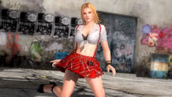Rule 34 | 1girl, 3d, blonde hair, dead or alive, dead or alive 5, graffiti, highres, midriff, official art, school uniform, smile, solo, tecmo, tina armstrong