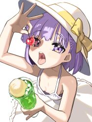 1girl bare_shoulders breasts cherry cup dress drinking_glass fate/grand_order fate_(series) food fruit hat highres ice_cream ice_cream_float kazuradrop_(fate) looking_at_viewer open_mouth purple_eyes purple_hair ribbon short_hair small_breasts solo tongue tongue_out tsukimi_okayu white_dress white_hat yellow_ribbon