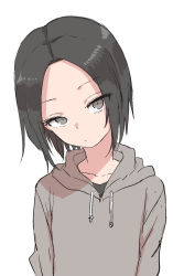Rule 34 | 1girl, black hair, black shirt, closed mouth, collarbone, commentary request, drawstring, forehead, grey eyes, grey hoodie, head tilt, highres, hood, hood down, hoodie, looking at viewer, original, parted bangs, shirt, simple background, solo, upper body, white background, yamamoto souichirou