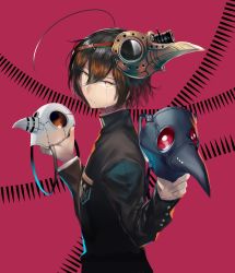 Rule 34 | 1boy, ahoge, black hair, brown eyes, brown hair, bullet print, closed mouth, commentary request, danganronpa (series), danganronpa v3: killing harmony, from side, hair between eyes, highres, holding, holding mask, jacket, long sleeves, looking at viewer, male focus, mask, mask on head, pink background, plague doctor mask, qianhai, red background, saihara shuichi, short hair, simple background, solo, striped clothes, striped jacket, tears, unworn mask, upper body