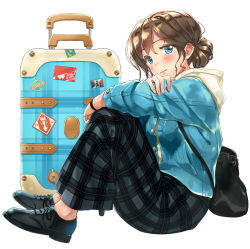 Rule 34 | backpack, bag, black footwear, black pants, blue eyes, blue jacket, brown hair, casual, closed mouth, from side, full body, hand on own arm, hood, hood down, jacket, kinugasa yuuichi, knees up, lips, long sleeves, looking at viewer, looking to the side, no socks, open clothes, open jacket, original, pants, plaid, plaid pants, rolling suitcase, shoes, short hair, simple background, sitting, smile, solo, suitcase, tareme, unbuttoned, white background