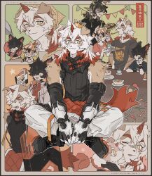 Rule 34 | 1girl, 3boys, aak (arknights), animal ear piercing, animal ears, arknights, birthday party, black footwear, black hair, black shirt, black wristband, braid, cake, cat boy, cat ears, chopsticks, closed mouth, confetti, crown, dated, dog boy, dog ears, dragon boy, english text, food, full body, furry, furry female, furry male, gloves, gun, hair over one eye, happy birthday, hat, head scarf, highres, holding, holding chopsticks, holding gun, holding ladle, holding plate, holding weapon, horns, hung (arknights), ladle, lee (arknights), looking at viewer, multiple boys, multiple views, one eye closed, pants, party hat, party horn, plate, red horns, red shirt, shirt, short hair, single horn, sirakaro, sitting, slit pupils, spoken character, star (symbol), string of flags, t-shirt, tiger ears, tiger girl, translation request, waai fu (arknights), weapon, white gloves, white pants, yellow eyes