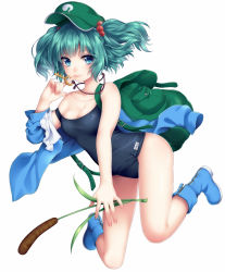 Rule 34 | 1girl, backpack, bag, blue eyes, blue footwear, boots, breasts, cleavage, green hair, hat, jewelry, kawashiro nitori, key, nanamiya, necklace, off shoulder, one-piece swimsuit, school swimsuit, smile, solo, strap slip, swimsuit, touhou, twintails, two side up