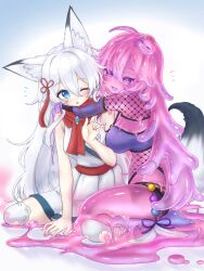 Rule 34 | animal ears, blue eyes, breasts, colored skin, curss, dress, fox ears, fox girl, fox tail, highres, hug, large breasts, monster girl, navel, one eye closed, original, pink hair, pink skin, slime girl, small breasts, tail, torn clothes, transformation, white hair, yuri
