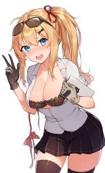 Rule 34 | 1girl, :d, ahoge, black skirt, blue eyes, bow, bowtie, unworn bowtie, bra, breasts, brown bra, brown gloves, brown thighhighs, buttons, cleavage, collarbone, collared shirt, cowboy shot, dress shirt, eyewear on head, girls&#039; frontline, gloves, hair ribbon, hand up, highres, holding, kalina (girls&#039; frontline), large breasts, long hair, looking at viewer, miniskirt, open mouth, orange hair, partially unbuttoned, pleated skirt, ponytail, ribbon, rikoma, shirt, short sleeves, sidelocks, simple background, skirt, smile, solo, standing, sunglasses, sunglasses on head, thighhighs, underwear, w, white background, white shirt, zettai ryouiki
