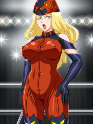 Rule 34 | 10s, 1girl, blonde hair, blue eyes, bodysuit, breasts, elbow gloves, genka ichien, gloves, large breasts, lipstick, long hair, makeup, miss x (tiger mask), open mouth, solo, standing, tiger mask (series), tiger mask w