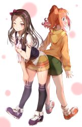 Rule 34 | 2girls, absurdres, black legwear, black sweater vest, blouse, blurry, blurry background, blush, brown eyes, brown hair, collared shirt, commentary request, dotted background, from side, green eyes, green shorts, grin, hand on own knee, highres, hood, hood down, hoodie, idolmaster, long hair, long sleeves, looking at viewer, looking back, minase iori, multiple girls, one eye closed, open mouth, orange footwear, orange hair, orange hoodie, purple footwear, shiroyu, shirt, shoes, short sleeves, shorts, smile, sneakers, standing, stuffed animal, stuffed rabbit, stuffed toy, sweater vest, takatsuki yayoi, teeth, white background, white shirt