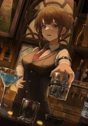 Rule 34 | 1girl, alcohol, bar (place), bartender, black vest, blue eyes, blush, bottle, brown hair, buttons, collared shirt, counter, cup, drinking glass, earrings, eyelashes, fingernails, hair bun, hand on own hip, holding, holding cup, ice, ice cube, indoors, jewelry, light particles, liquor, mookyuu9, necktie, open mouth, original, red necktie, shelf, shirt, sidelocks, single earring, solo, standing, upper body, vest, white shirt, wine bottle, wing collar