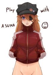 Rule 34 | 10s, 1girl, ^^^, animal hat, bad id, bad pixiv id, blue eyes, blush, bottomless, brown hair, cat hat, english text, evangelion: 3.0 you can (not) redo, eyepatch, hands in pockets, hat, jacket, justeeeeth, long hair, looking at viewer, navel, neon genesis evangelion, open mouth, plugsuit, pussy, rebuild of evangelion, simple background, smiley face, solo, souryuu asuka langley, thigh gap, track jacket, trembling, white background