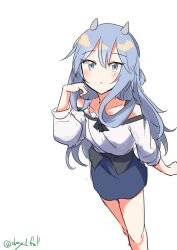 Rule 34 | 1girl, absurdres, blue eyes, blue hair, blue skirt, fake horns, feet out of frame, from above, headgear, highres, horned headwear, horns, i-203 (kancolle), kantai collection, light blue hair, long hair, looking at viewer, official alternate costume, one-hour drawing challenge, robinson (day l full), shirt, sidelocks, simple background, skirt, solo, twitter username, white background, white shirt