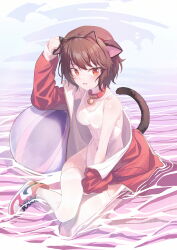 Rule 34 | 1girl, absurdres, animal collar, animal ear hairband, animal ears, arm up, ball, bare shoulders, beachball, bell, between legs, blush, breasts, brown hair, cat ear hairband, cat ears, cat tail, caustics, collar, commentary request, commission, fake animal ears, full body, hairband, hand between legs, hand in own hair, hand on own head, highleg, highleg swimsuit, highres, jacket, korean commentary, looking at viewer, neck bell, nike (company), off shoulder, one-piece swimsuit, original, partially submerged, prunechi, red collar, red eyes, red footwear, red jacket, ripples, second-party source, see-through swimsuit, shallow water, shoes, short hair, sitting, small breasts, sneakers, solo, swimsuit, tail, thighhighs, water, wet, wet clothes, wet swimsuit, white one-piece swimsuit, white thighhighs, zonunoll