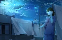 Rule 34 | 1girl, bed sheet, blue theme, brown eyes, brown hair, cloud, fence, hand up, highres, hospital, hospital gown, intravenous drip, laundry, mamigo, moon, night, night sky, open door, original, rooftop, sky, solo, standing