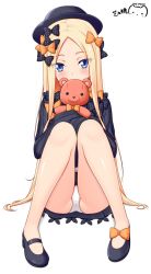 Rule 34 | 1girl, abigail williams (fate), black bow, black dress, black footwear, black hat, blonde hair, blue eyes, blush, bow, bug, butterfly, commentary request, covered mouth, dress, fate/grand order, fate (series), forehead, hair bow, hat, head tilt, highres, hugging object, insect, long hair, long sleeves, looking at viewer, orange bow, panties, parted bangs, pigeon-toed, polka dot, polka dot bow, ppshex, shoes, signature, simple background, sleeves past fingers, sleeves past wrists, solo, stuffed animal, stuffed toy, teddy bear, underwear, very long hair, white background, white panties