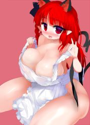 Rule 34 | 1girl, :d, \m/, amii, animal ears, apron, bad id, bad pixiv id, blush, braid, breasts, cat ears, cleavage, extra ears, fang, fat, heart, heart tail, highres, huge breasts, kaenbyou rin, long hair, multiple tails, naked apron, nose blush, open mouth, plump, pointy ears, red eyes, red hair, side braid, simple background, single braid, smile, solo, tail, thick thighs, thighs, touhou, two tails, wide hips