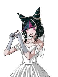 Rule 34 | 1girl, absurdres, alternate costume, alternate hairstyle, bare shoulders, black hair, black nails, blue hair, bridal veil, bride, collarbone, cowboy shot, danganronpa (series), danganronpa 2: goodbye despair, detached sleeves, dress, fake horns, fingerless gloves, fingers together, gloves, hair ornament, highres, horns, jewelry, looking at viewer, looking to the side, mioda ibuki, nail polish, necklace, official art, open mouth, piercing, pink eyes, pink hair, ring, short hair, short sleeves, sleeveless, sleeveless dress, smile, solo, strapless, strapless dress, third-party edit, transparent background, veil, wedding dress, white dress, white hair