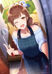 Rule 34 | 1girl, ;d, apron, bowl, brown eyes, brown hair, chikabo m, cushion, food, holding, holding ladle, indoors, jewelry, ladle, looking at viewer, necklace, off-shoulder shirt, off shoulder, one eye closed, open mouth, original, ponytail, rice bowl, rug, shirt, sidelocks, smile, solo, standing, table, twitter username, welcome mat, wooden floor