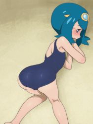 Rule 34 | 1girl, armpits, ass, back, bad id, bad twitter id, bare shoulders, bent over, blue eyes, blue hair, blue one-piece swimsuit, blush, bright pupils, creatures (company), game freak, goggles, goggles on head, inactive account, kneepits, lana (pokemon), looking back, muramura hito, nintendo, one-piece swimsuit, pokemon, pokemon sm, short hair, solo, swimsuit, trial captain