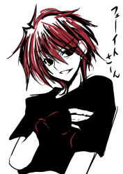 00s 1boy erio_mondial fingerless_gloves gloves hagane_soushi lyrical_nanoha mahou_shoujo_lyrical_nanoha mahou_shoujo_lyrical_nanoha_strikers male_focus monochrome aged_up red_hair short_hair sketch solo spot_color translated upper_body white_background