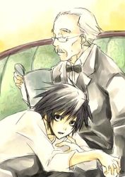 Rule 34 | 00s, 2boys, bags under eyes, blouse, book, bowtie, collared shirt, couch, death note, formal, l (death note), lowres, male focus, multiple boys, nina matsumoto, shirt, spiked hair, suit, traditional bowtie, watari, white shirt