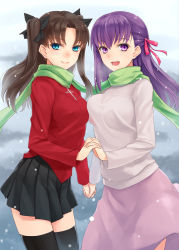 Rule 34 | 2girls, black legwear, blue eyes, breast press, breasts, brown hair, fate/stay night, fate/zero, fate (series), green scarf, holding hands, long hair, matou sakura, medium breasts, multiple girls, open mouth, prime, purple eyes, purple hair, scarf, shared clothes, shared scarf, siblings, sisters, skirt, smile, snow, symmetrical docking, thighhighs, tohsaka rin, twintails, two side up, zettai ryouiki