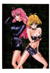 Rule 34 | 1990s (style), 2girls, antenna hair, aqua eyes, arm under breasts, arm up, black neckwear, blonde hair, border, candy (art book), collar, hand on own thigh, hand on thigh, highres, long hair, long sleeves, looking at viewer, mon mon, multiple girls, navel, non-web source, o-ring, o-ring top, original, pink eyes, pink hair, retro artstyle, short hair, short shorts, shorts, smile, strapless, white border