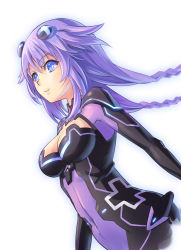 Rule 34 | 10s, 1girl, bad id, bad pixiv id, blue eyes, bodysuit, braid, breasts, cleavage, cleavage cutout, clothing cutout, female focus, large breasts, long hair, neptune (neptunia), neptune (series), pinakes, purple hair, purple heart (neptunia), simple background, smile, solo, symbol-shaped pupils, twin braids, very long hair, white background