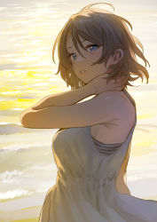 Rule 34 | 1girl, bare shoulders, blue eyes, dress, grey hair, highres, looking at viewer, love live!, love live! sunshine!!, momokumo, parted lips, short hair, sleeveless, sleeveless dress, sunset, watanabe you, water, white dress