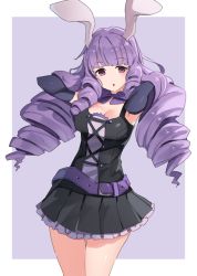 Rule 34 | 10s, 1girl, :o, animal ears, arms up, belt, black skirt, breasts, chuchu (show by rock!!), cleavage, cowboy shot, drill hair, elbow gloves, gloves, long hair, looking at viewer, medium breasts, parsley-f, parted lips, pleated skirt, purple background, purple eyes, purple gloves, purple hair, rabbit ears, ringlets, show by rock!!, skirt, solo, tank top, tareme, thighs, two-tone background, very long hair, white background
