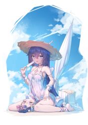 Rule 34 | 1girl, absurdres, artist name, beach, beach umbrella, caisena, character doll, cloud, commentary request, covered navel, crossover, day, dress, food, hat, highres, holding, holding food, holding ice cream, honkai: star rail, honkai (series), honkai impact 3rd, ice cream, long hair, looking at viewer, one-piece swimsuit, outdoors, parted lips, purple eyes, purple hair, see-through, see-through dress, seele vollerei, seele vollerei (herrscher of rebirth), short dress, silver wolf (honkai: star rail), sitting, sky, solo, spaghetti strap, stuffed toy, sun hat, swimsuit, umbrella, very long hair, wariza, white dress