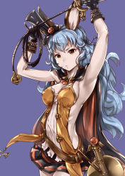 Rule 34 | 1girl, animal ears, armpits, black gloves, blue hair, breasts, cape, commentary request, erune, ferry (granblue fantasy), ferry (halloween) (granblue fantasy), ganari ryuu, gloves, granblue fantasy, halloween costume, hat, highres, holding, holding whip, long hair, medium breasts, microskirt, mini hat, sideboob, skirt, solo, wavy hair, whip, yellow eyes