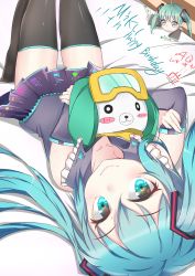 Rule 34 | 1girl, absurdres, aiqing, black footwear, black skirt, blue eyes, blue hair, blush, boots, character name, closed mouth, dated, detached sleeves, happy birthday, hatsune miku, highres, long hair, looking at viewer, lying, on back, skirt, smile, thigh boots, thighhighs, twintails, vocaloid