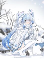 Rule 34 | 1girl, :o, absurdres, animal, artist name, bare tree, blue bow, blue eyes, blue hair, blue scarf, blurry, blurry background, boots, bow, capelet, commentary, fur-trimmed capelet, fur trim, gloves, hat, hat bow, hatsune miku, high heel boots, high heels, highres, holding snowman, light blue hair, looking at viewer, mini snowman, miniskirt, open mouth, pleated skirt, pom pom (clothes), rabbit, rabbit yukine, rrrrika, scarf, skirt, snow, snowflake print, solo, squatting, thigh boots, tree, twintails, vocaloid, white capelet, white footwear, white gloves, white hat, white scarf, white skirt, white sleeves, winter, yuki miku, yuki miku (2011)
