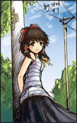 Rule 34 | 1girl, against tree, alternate costume, arms behind back, bare shoulders, blouse, casual, contemporary, day, female focus, hair tubes, hakurei reimu, lowres, power lines, shirt, sky, sleeveless, sleeveless shirt, smile, solo, st06, striped clothes, striped shirt, touhou, tree