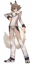 Rule 34 | 1boy, animal ears, blue eyes, brown hair, brown pants, brown shirt, claws, creatures (company), game freak, gen 7 pokemon, highres, lycanroc, lycanroc (midday), nintendo, pants, personification, pokemon, pokemon sm, serious, shirt, short hair, spacezin, tail, white background, wolf ears, wolf tail