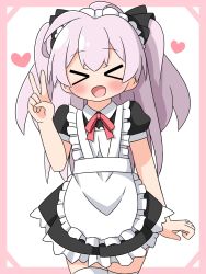 Rule 34 | &gt; &lt;, 1girl, :d, apron, black dress, black ribbon, blush, closed eyes, commentary request, dress, facing viewer, frilled apron, frilled dress, frills, hair ribbon, hana kazari, hand up, heart, highres, long hair, maid, maid apron, maid headdress, mile (noukin), neck ribbon, open mouth, pink background, pink hair, pleated dress, puffy short sleeves, puffy sleeves, red ribbon, ribbon, short sleeves, smile, solo, thighhighs, two-tone background, two side up, v, very long hair, watashi nouryoku wa heikinchi de tte itta yo ne!, white apron, white background, white thighhighs, xd