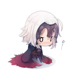 Rule 34 | 0 0, 1girl, beni shake, black cape, black pantyhose, blush, cape, chibi, commentary request, fate/grand order, fate (series), full body, gauntlets, gradient cape, hair between eyes, headpiece, hugging own legs, jeanne d&#039;arc (fate), jeanne d&#039;arc alter (avenger) (fate), jeanne d&#039;arc alter (fate), nose blush, pantyhose, red cape, shadow, sitting, solo, translation request, white background, white hair