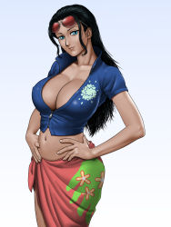 Rule 34 | 1girl, black hair, blue eyes, blue shirt, breasts, cleavage, collarbone, covered erect nipples, cowboy shot, crop top, eyewear on head, fingernails, floral print, flower, glasses, gradient background, hair slicked back, hands on own hips, head tilt, highres, huge breasts, karma-laboratory, long hair, looking at viewer, lowleg, midriff, navel, nico robin, no bra, one piece, open clothes, open shirt, pink skirt, revealing clothes, sarong, shirt, short sleeves, side slit, skirt, smile, solo, standing, sunglasses, unzipped, zipper