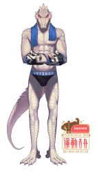 Rule 34 | 1boy, abs, arknights, character name, closed mouth, full body, furry, furry male, looking at viewer, male underwear, muscular, muscular male, rangers (arknights), red eyes, reptile, reptile boy, reptilian, simple background, tail, towel, underwear, white background, yan wan
