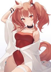 Rule 34 | 1girl, angelina (arknights), angelina (summer flower) (arknights), animal ears, arknights, arm up, bare shoulders, bracelet, breasts, brown hair, casual one-piece swimsuit, closed mouth, collarbone, covered navel, cowboy shot, fox ears, fox girl, fox tail, highres, infection monitor (arknights), jewelry, looking at viewer, material growth, medium breasts, mizu (lzzrwi603), necklace, official alternate costume, one-piece swimsuit, oripathy lesion (arknights), red eyes, red one-piece swimsuit, ring, sidelocks, simple background, smile, solo, swimsuit, swimsuit cover-up, tail, thigh strap, thighs, twintails, white background