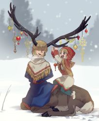 Rule 34 | 1boy, 1girl, antlers, blonde hair, capelet, centauroid, child, christmas, christmas ornaments, coat, covered eyes, hair over eyes, hat, hooves, horns, monster boy, mullmull02, open mouth, original, pointy ears, reindeer boy, sitting, snow, snowing, taur, tree, twitter username, winter clothes