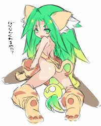 Rule 34 | 1girl, animal ears, animal hands, animal print, ass, cat ears, cham cham, gloves, green eyes, green hair, karukan (monjya), long hair, looking at viewer, no panties, open mouth, paw gloves, paw shoes, samurai spirits, shoes, simple background, smile, solo, tiger print, white background