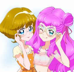 Rule 34 | 2girls, :p, :q, adjusting eyewear, arm around back, bespectacled, blue eyes, blue nails, brown hair, casual, closed mouth, commentary request, crop top, dress, glasses, hair bun, hair ribbon, heart, heart-shaped eyewear, ichinose minori, kayabakoro, laura la mer, long hair, looking at viewer, midriff, multiple girls, nail polish, navel, orange dress, partial commentary, pinky out, precure, purple hair, red ribbon, ribbon, rimless eyewear, round eyewear, see-through, shirt, short hair, short sleeves, side-by-side, side bun, single hair bun, single side bun, sleeveless, sleeveless shirt, smile, tongue, tongue out, tropical-rouge! precure, white ribbon, white shirt, yellow-framed eyewear