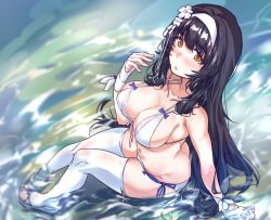 Rule 34 | 1girl, aningay, ass, bad id, bad twitter id, bare shoulders, bikini, black hair, breasts, butt crack, cleavage, day, flower, full body, girls&#039; frontline, gloves, hair flower, hair ornament, hairband, halterneck, large breasts, long hair, looking at viewer, navel, official alternate costume, outdoors, side-tie bikini bottom, sitting, soaking feet, solo, swimsuit, thighhighs, type 95 (girls&#039; frontline), type 95 (summer cicada) (girls&#039; frontline), very long hair, white bikini, white flower, white gloves, white hairband, white thighhighs